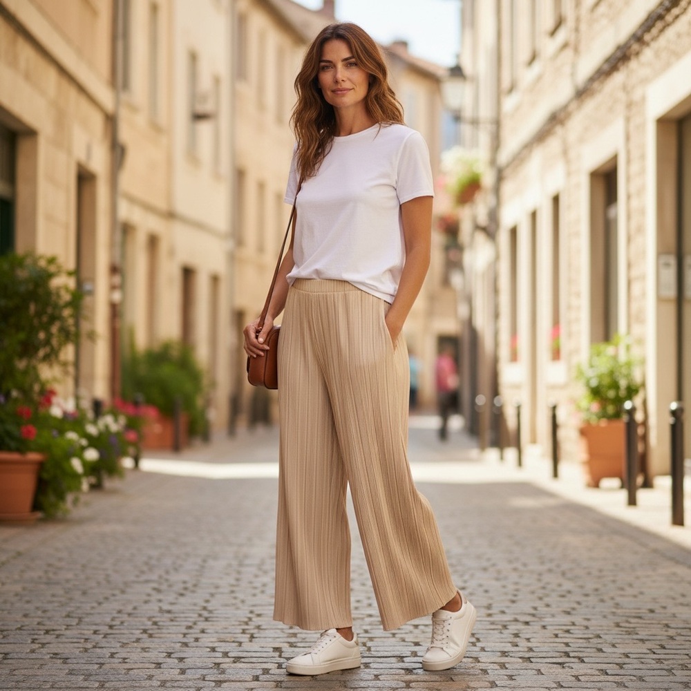 Rafaella 🎉Women’s accordion pleated wide-leg style plissé pants Beige Size Large